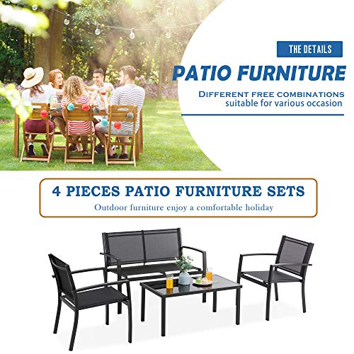 Vongrasig 4 Pieces Patio Furniture Sets,Outdoor Patio Conversation Sets with Glass Coffee Table, Small Porch Balcony Furniture