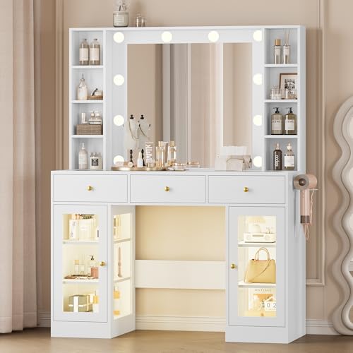 Makeup Vanity Desk with Mirror and Lights, White Vanity with Glass Top, LED Lights & Power Outlet, 3 Drawers & 2 RGB Glass Cabinets