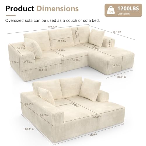 108" Modular Sectional Sofa with L-Shape Chaise, Upholstered Couches for Living Room with Deep Seat, No Assembly Required