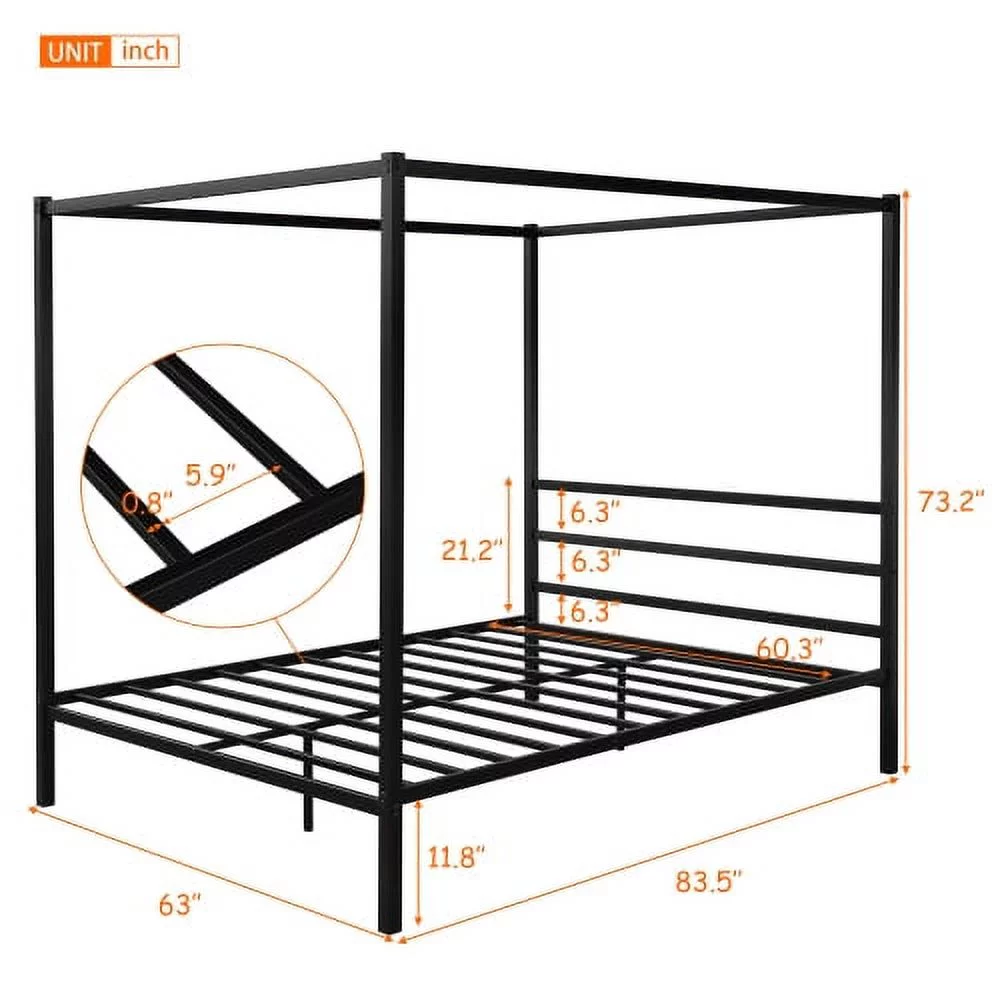 Queen Canopy Bed Frame Metal Four Posters 14 inch Platform with Built-in Headboard Strong Metal Slat Mattress Support,No Box Spring Needed, Black
