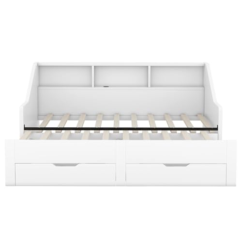 Merax Twin to King Daybed with Storage Bookcases and Two Drawers, Wood Bed Frame with Trundle and USB Charging Design for Bedroom, Guest Room