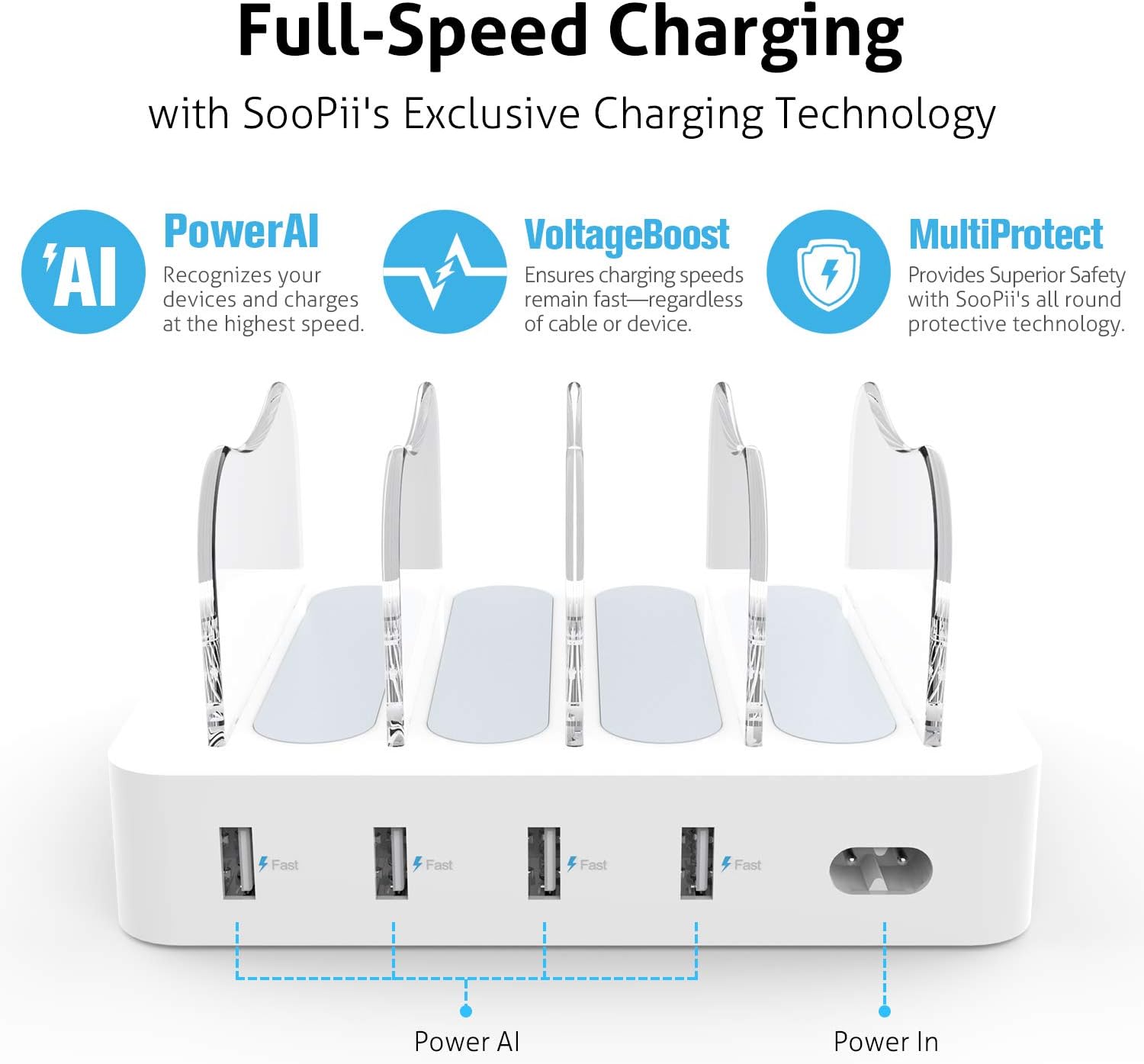 SooPii Charging Station for Multiple Devices, 4-Port Charger Station with 6 Mixed Charging Cables Included,for Phones, Tablets