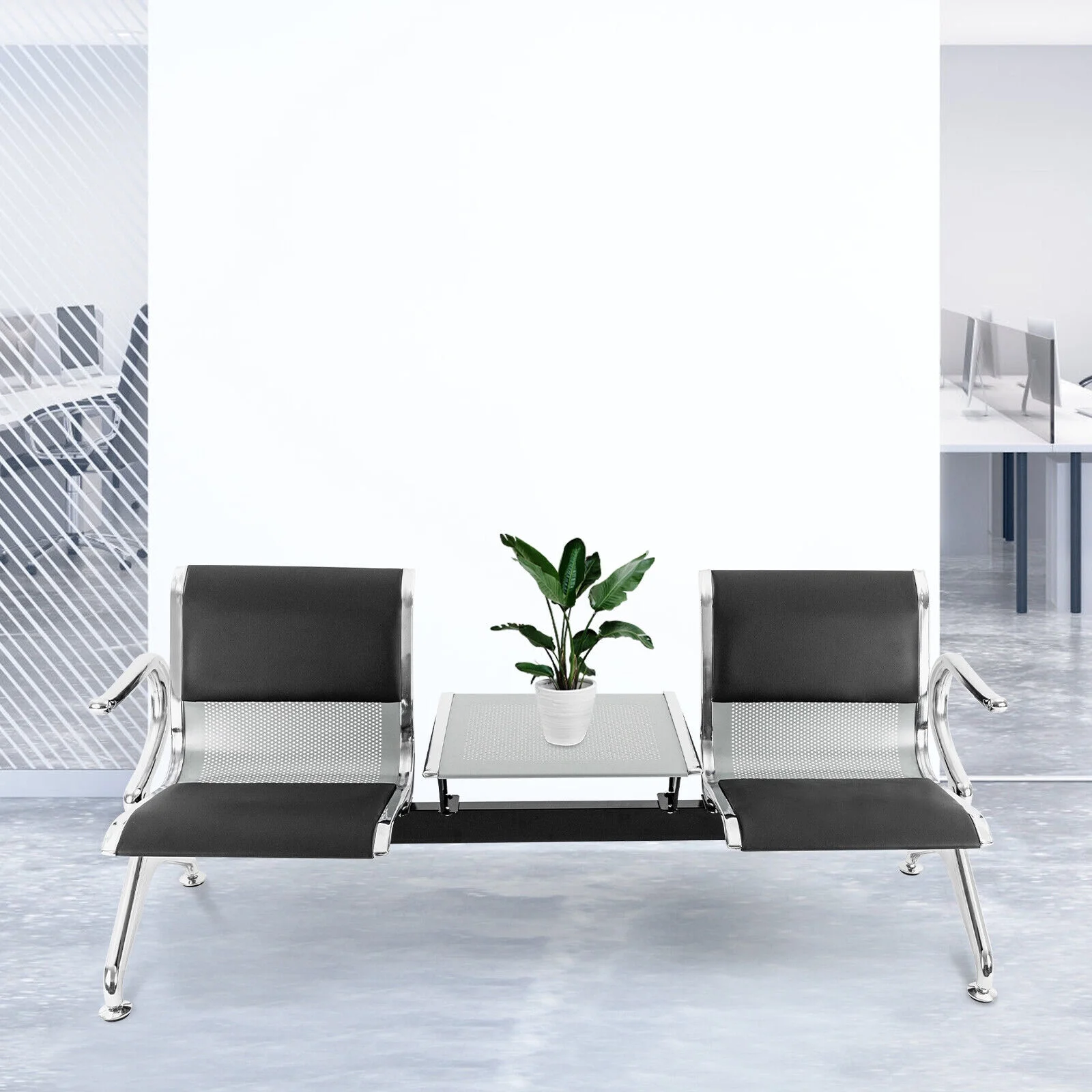 Miumaeov Airport Reception Chairs Waiting Room Chairs with Table and Arms 2 Seat PU Leather Reception Bench Waiting Area Bench Guest Reception Chairs