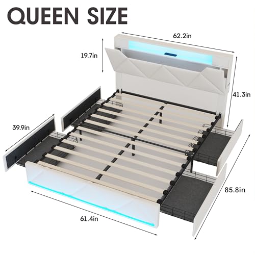 Vabches Queen Bed Frame with Storage Headboard and 4 Drawers,Upholstered Platform with Charging Station and Led Lights,Adjustable Headboard
