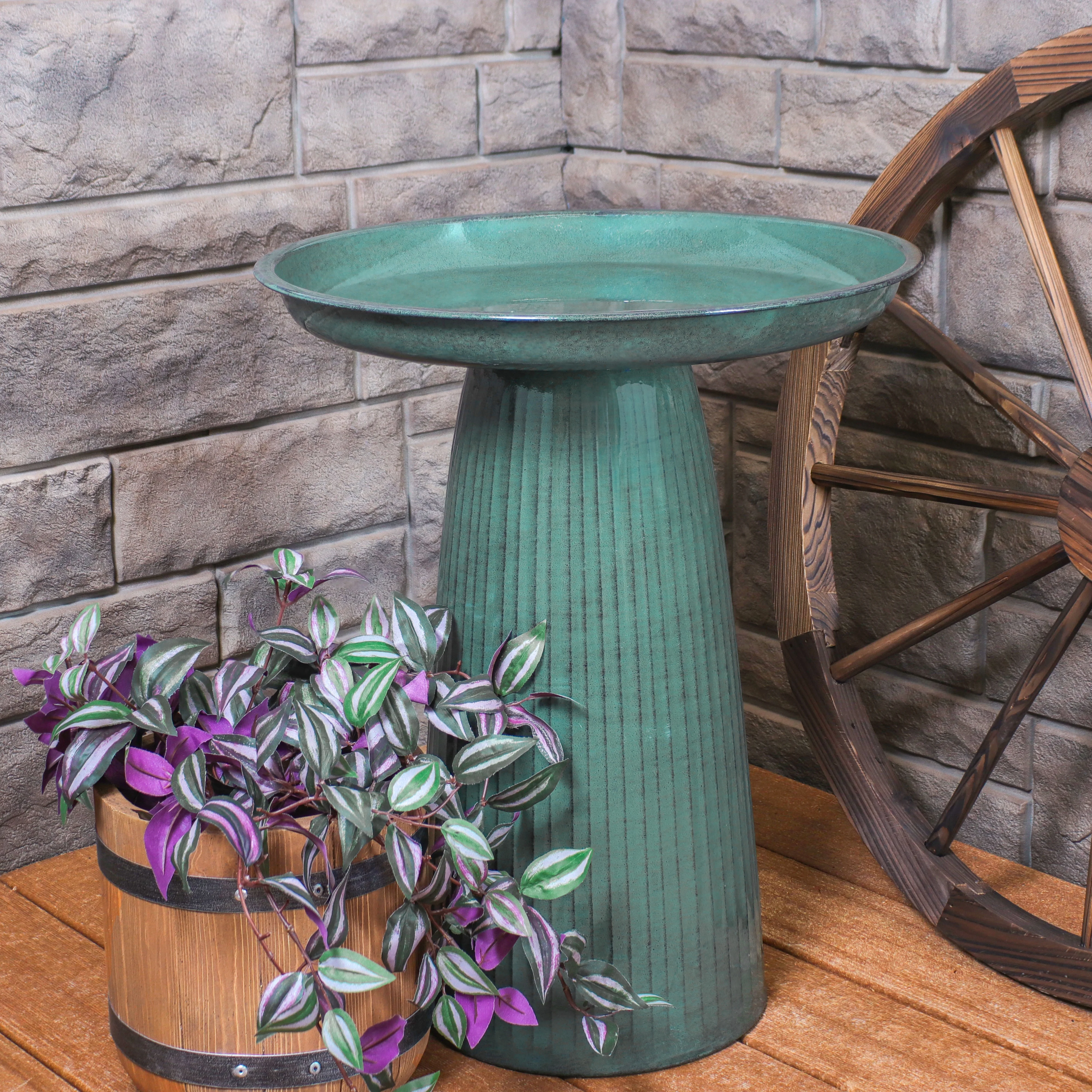 Sunnydaze Gleeful Garden Metal Outdoor Bird Bath - Green Glaze - 19"