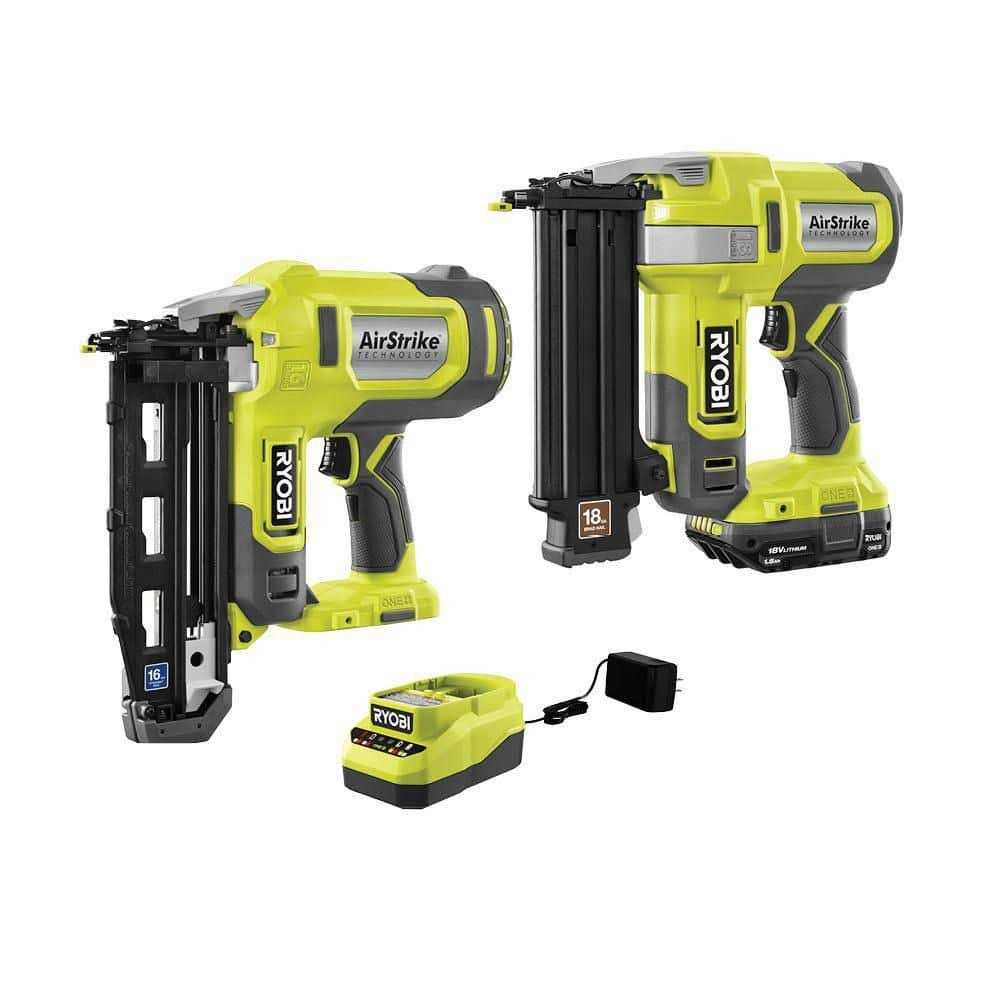RYOBI ONE+ 18V Cordless 18-Gauge AirStrike Brad Nailer Kit with 16-Gauge AirStrike Finish Nailer, 1.5 Ah Battery, and Charger