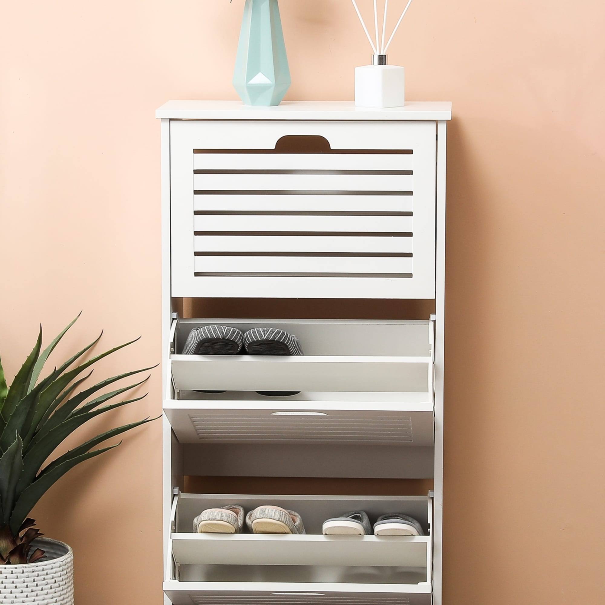 LuxenHome White Wood 12-Pair Shoe Storage Cabinet