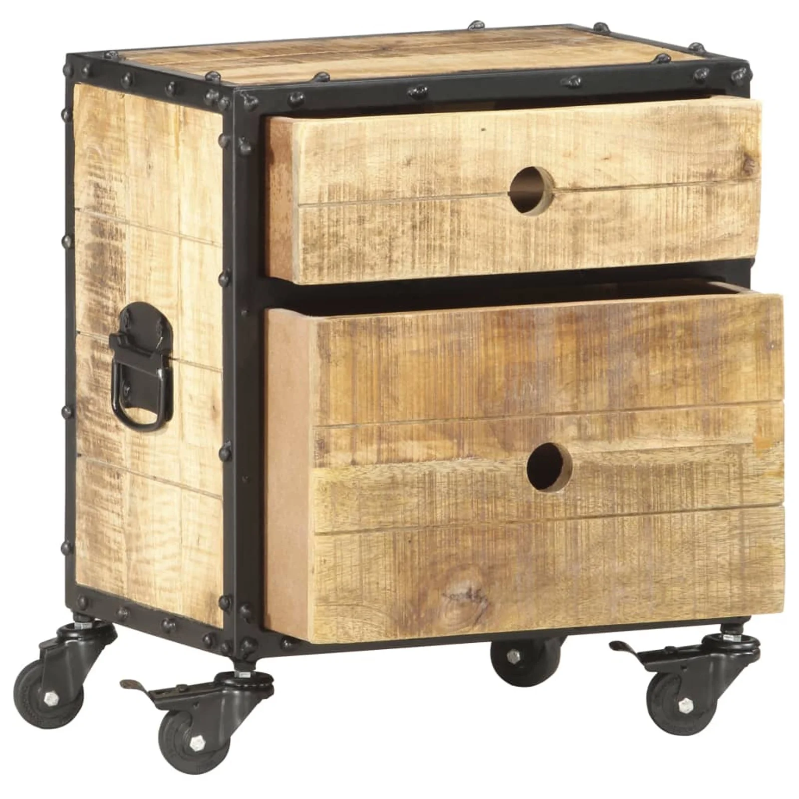 Anself Bedside Cabinet with 2 Storage Drawer and Wheels Rough Mango Wood Sofa End Side Table Nightstand for Living Room, Bedroom