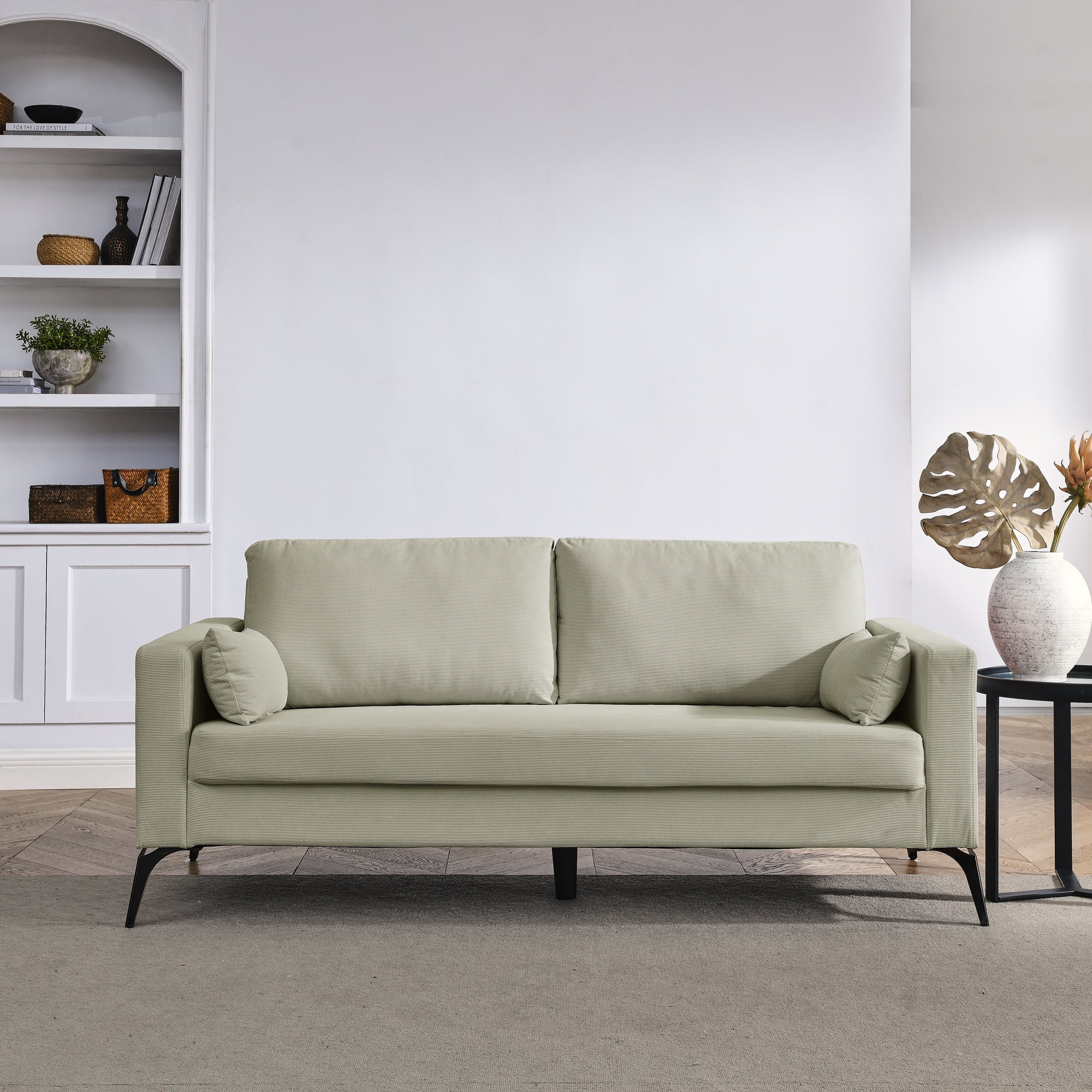 3-Seater Sofa with Square Arms and Tight Back, with Two Small Pillows,Corduroy Beige