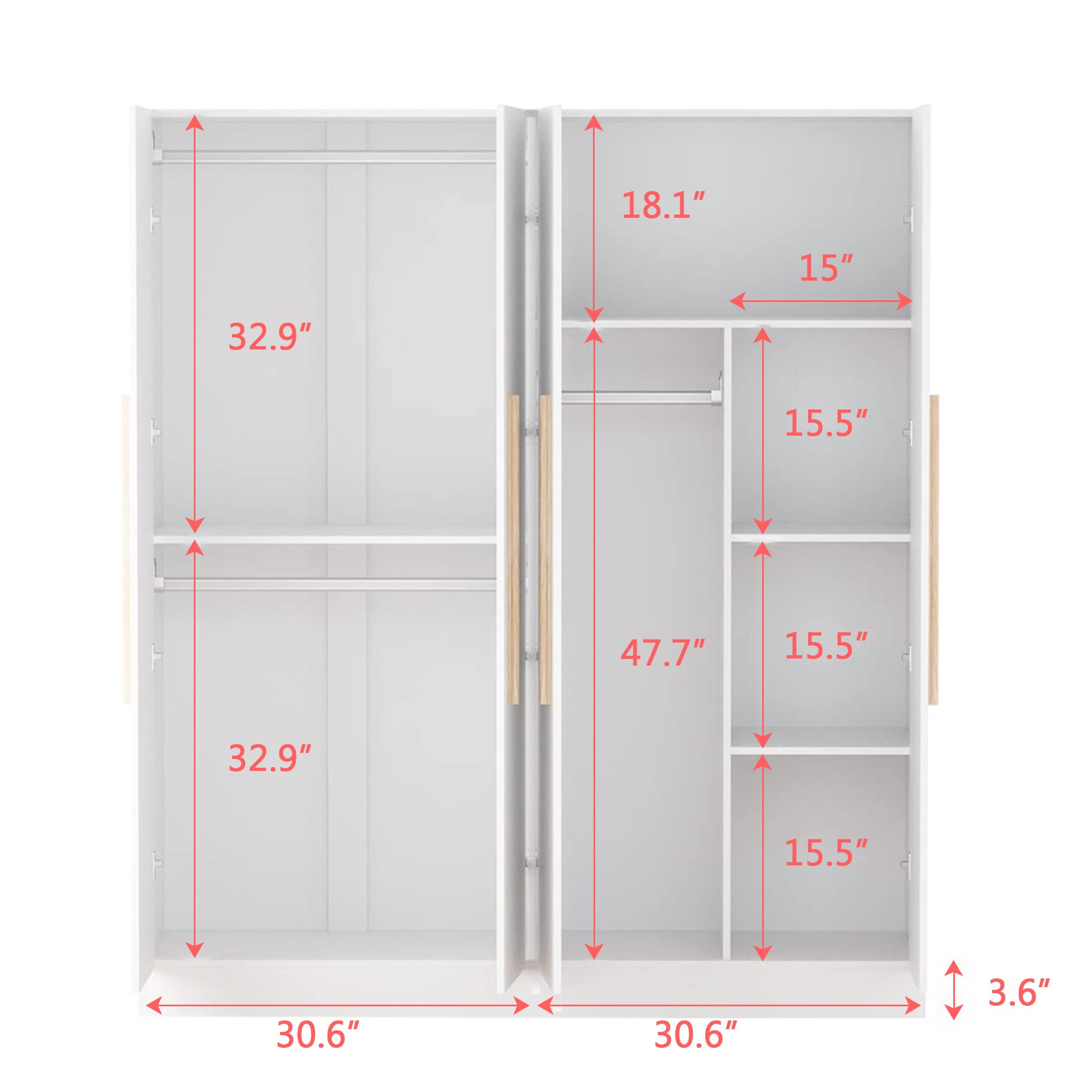 【Furniture】4 Doors Wardrobe Closet, Large Freestanding Wardrobe Cabinet with Storage Compartment & Hanging Rod