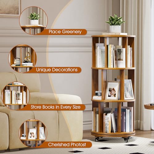 6 Tier Rotating Bookshelf Tower Spinning Bookshelf with Swivel Wheels Book Shelf Rotating Storage Tower for Kids Adult Narrow Walnut Solid Wood