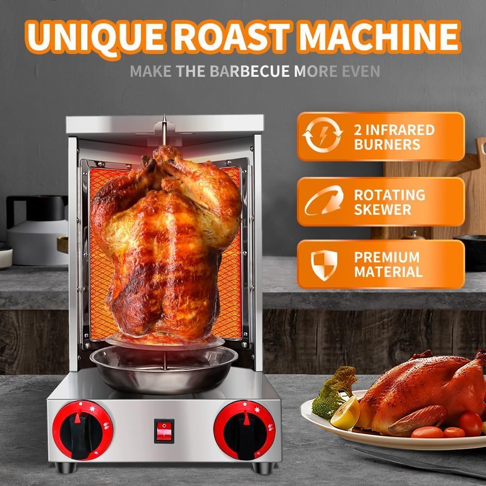 Li Zhen Shawarma Machine Gas Vertical Doner Kebab Machine Shawarma grill Vertical Rotisserie Machine Propane Vertical Broiler with 2 Burner and Meat