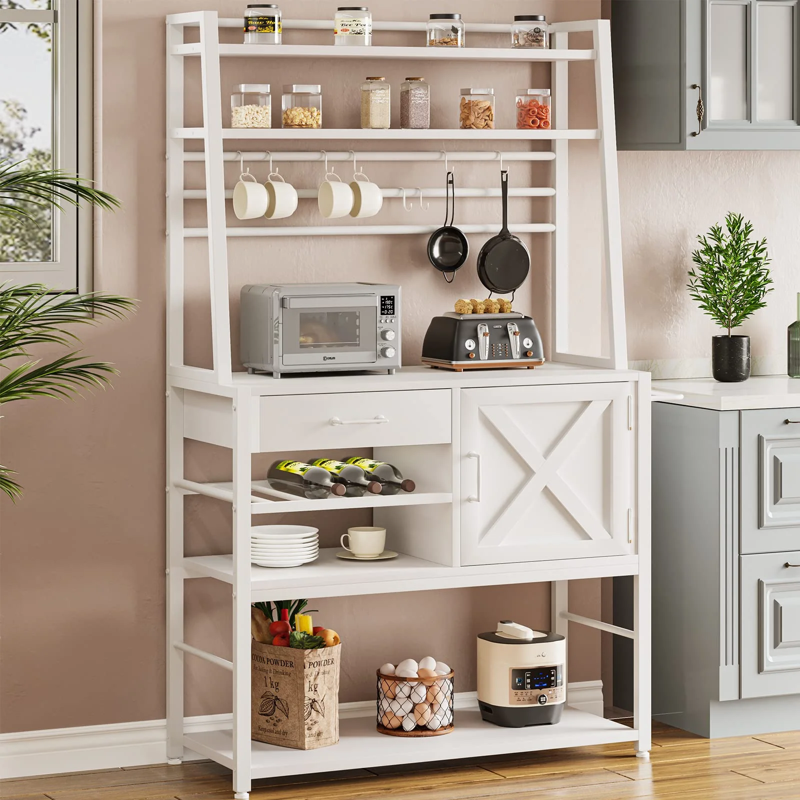 Bakers Racks for Kitchens with Storage, Coffee Bar Cabinet Microwave Stand with Wine Rack, Storage Drawer and 8 Hooks,White