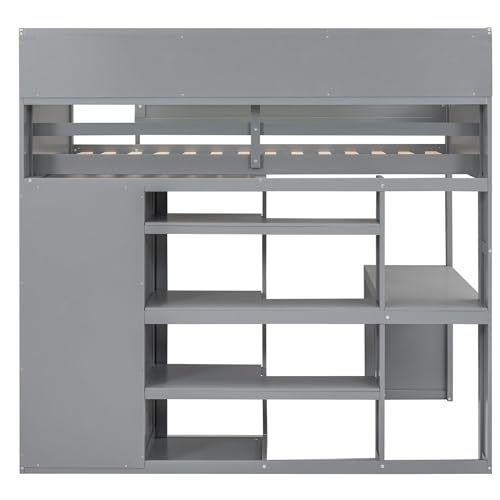 Harper & Bright Designs Twin Size Loft Bed with Wardrobe, Desk and Multiple Storage Shelves, Solid Wood Loft Bed Frame with Bookshelf