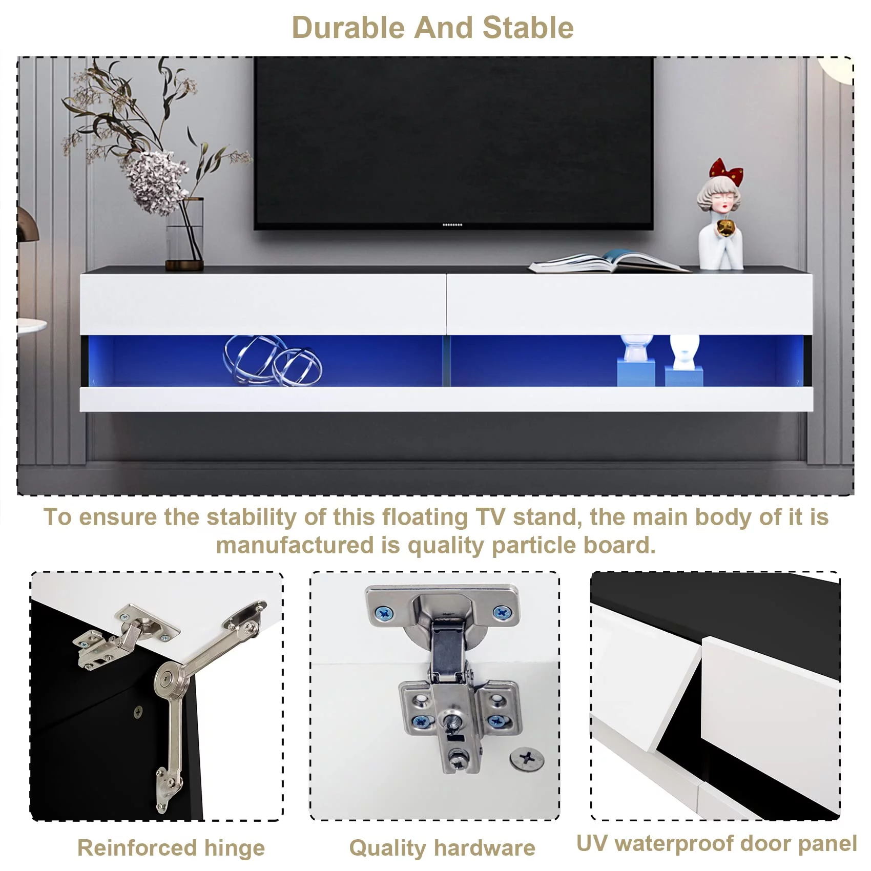 Floating TV Stand Wall Mounted with LED Lights, Floating TV Cabinet for 80 Inch TV