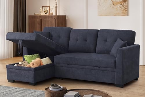 L-Shaped Pull Out Sleep Sofabed,Modern Reversible Sleeper Sectional Sofa Chenille Upholstered Button Tufted Decor with Storage Chaise