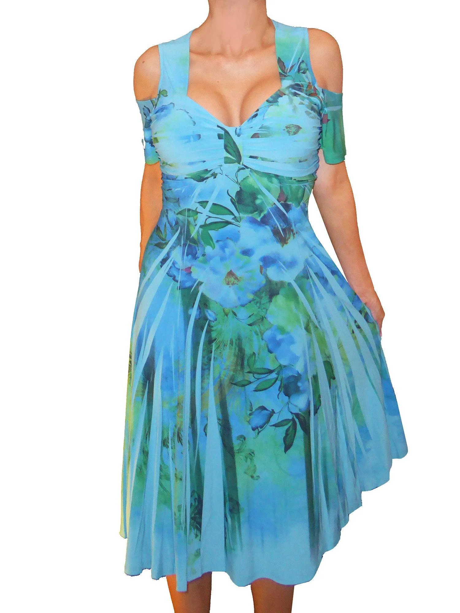 Funfash Women's Plus Size Blue Floral Cold Open Shoulders Cocktail Dress - XL