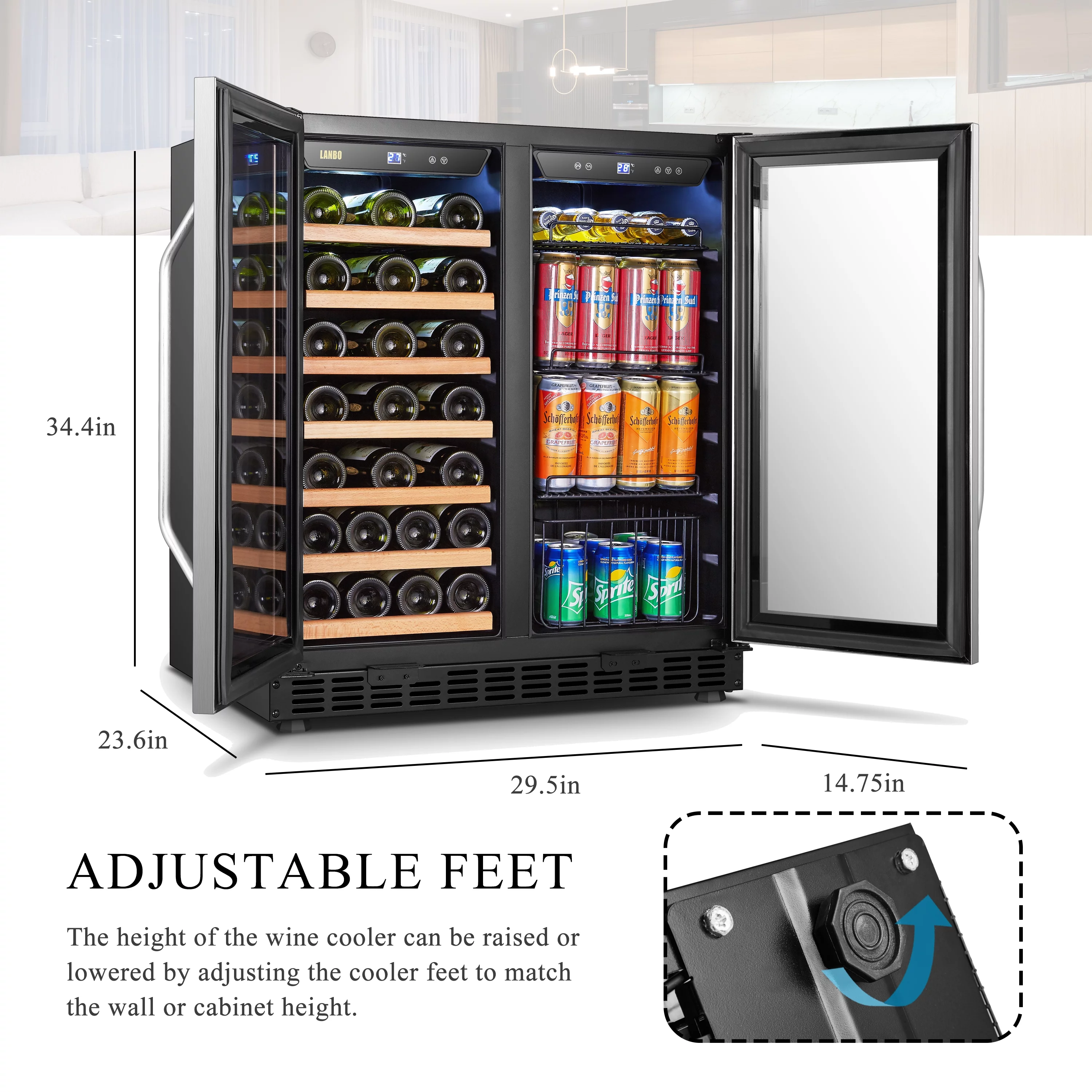 Lanbo 70 Can 33 Bottle Under Counter Dual Zone Wine Refrigerator and Beverage Cooler 30 inch Width