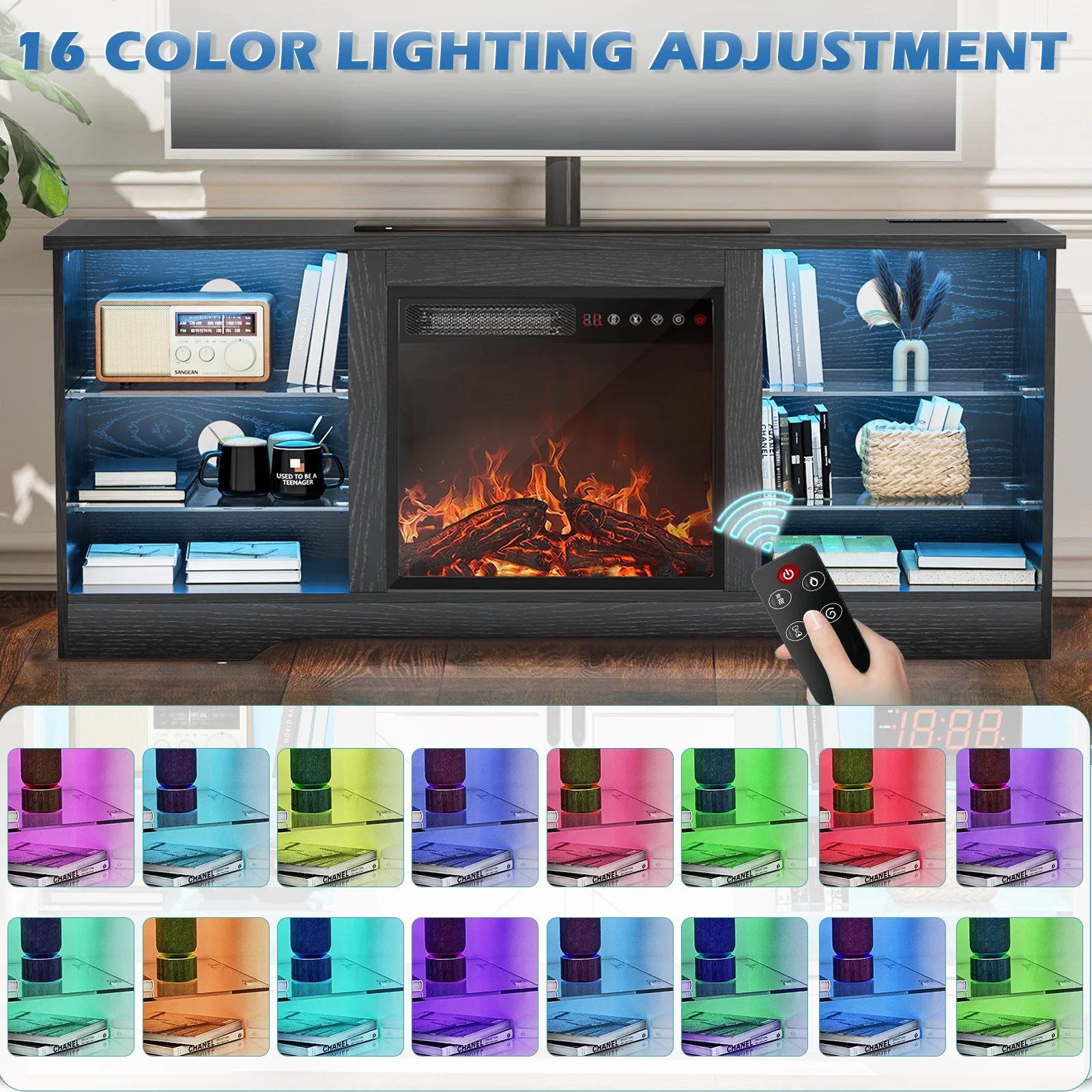 Waleaf Fireplace TV Stand with 18'' Fireplace for TVs up to 65 inch, Two Adjustable Glass Shelves