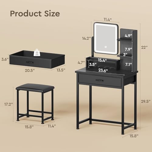 Makeup Vanity Desk with Mirror and Lights, Small Vanity with Fabric Storage Drawer & Chair & Shelves, White Compact Makeup Vanity Set for Bedroom