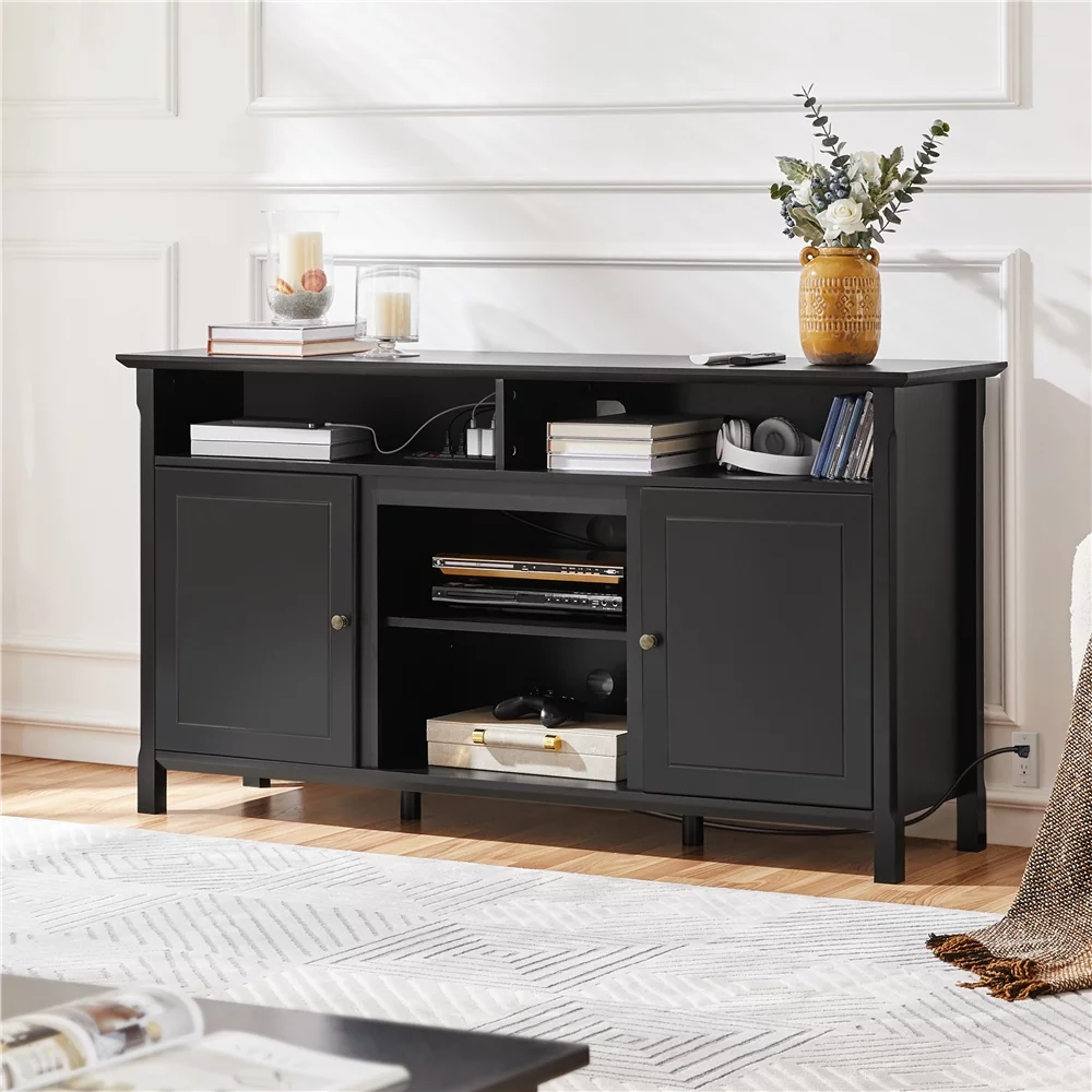 Easyfashion 58in Width Modern TV Stand TV Console with Power Outlet for TVs up to 65in, Black