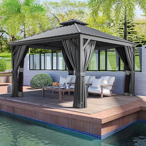 HAPPATIO 10' x 12' Hardtop Gazebo with Netting and Curtains, Double Roof Permanent Patio Metal Gazebo Canopy for Patio, Deck, Backyard （Gray）
