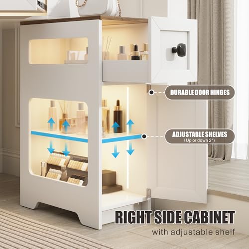 Corner Vanity Desk with Mirror and Lights, Modern Makeup Vanity with Charging Station & Human Sensor Light