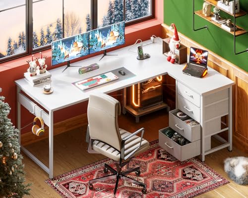 AODK L Shaped Gaming Desk with 4 Drawers, 61" Reversible Home Office Desks with Power Outlets