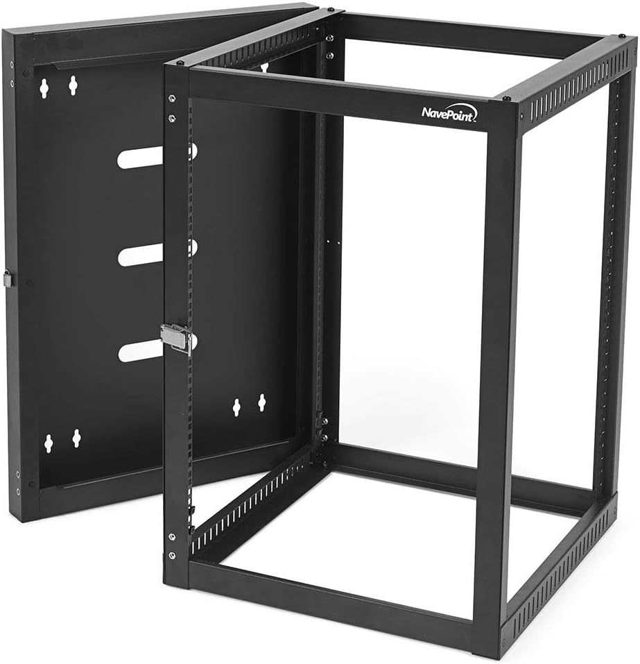 NavePoint 15U Hinged Open Frame Wall-Mount Network Rack, 4-Post 24 Inch Depth, Rear Swing Frame, Easy Rear Access to Equipment and Cable Management