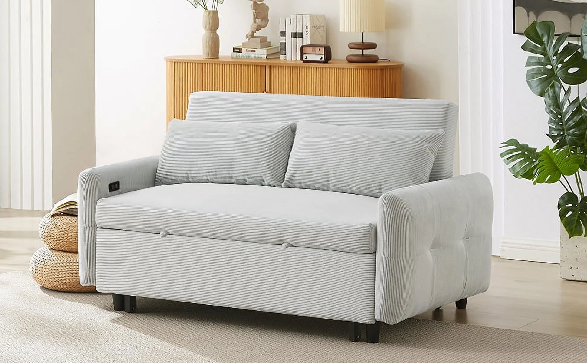 EUROCO 57.48" 3-in-1 Pull-out Convertible Sofa Bed Foldable Sleeper Corduroy Sofa Fabric Loveseat with 2 Throw Pillows