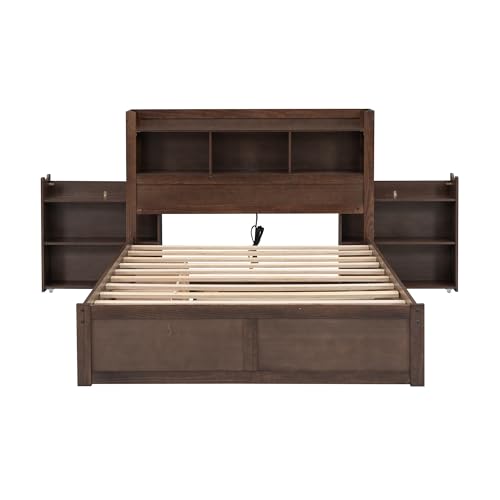 Full Size Storage Bed with Bookcase Headboard and Trundle, Wood Platform Bed Frame with Charging Station