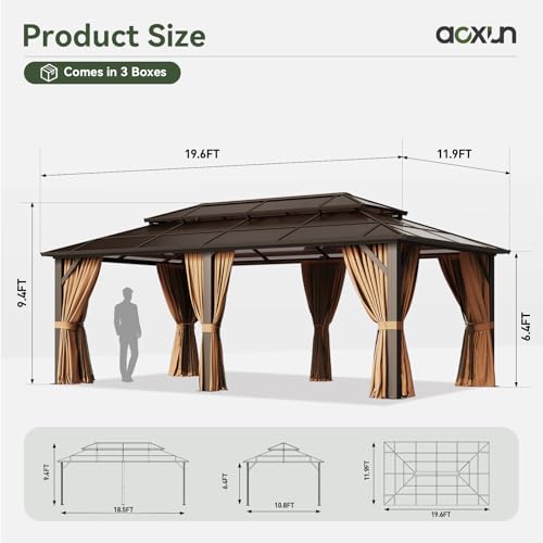 Aoxun 12'x10' Hardtop Gazebo, Aluminum Frame Permanent Pavilion with Curtains and Netting, Outdoor Polycarbonate Double Roof Canopy