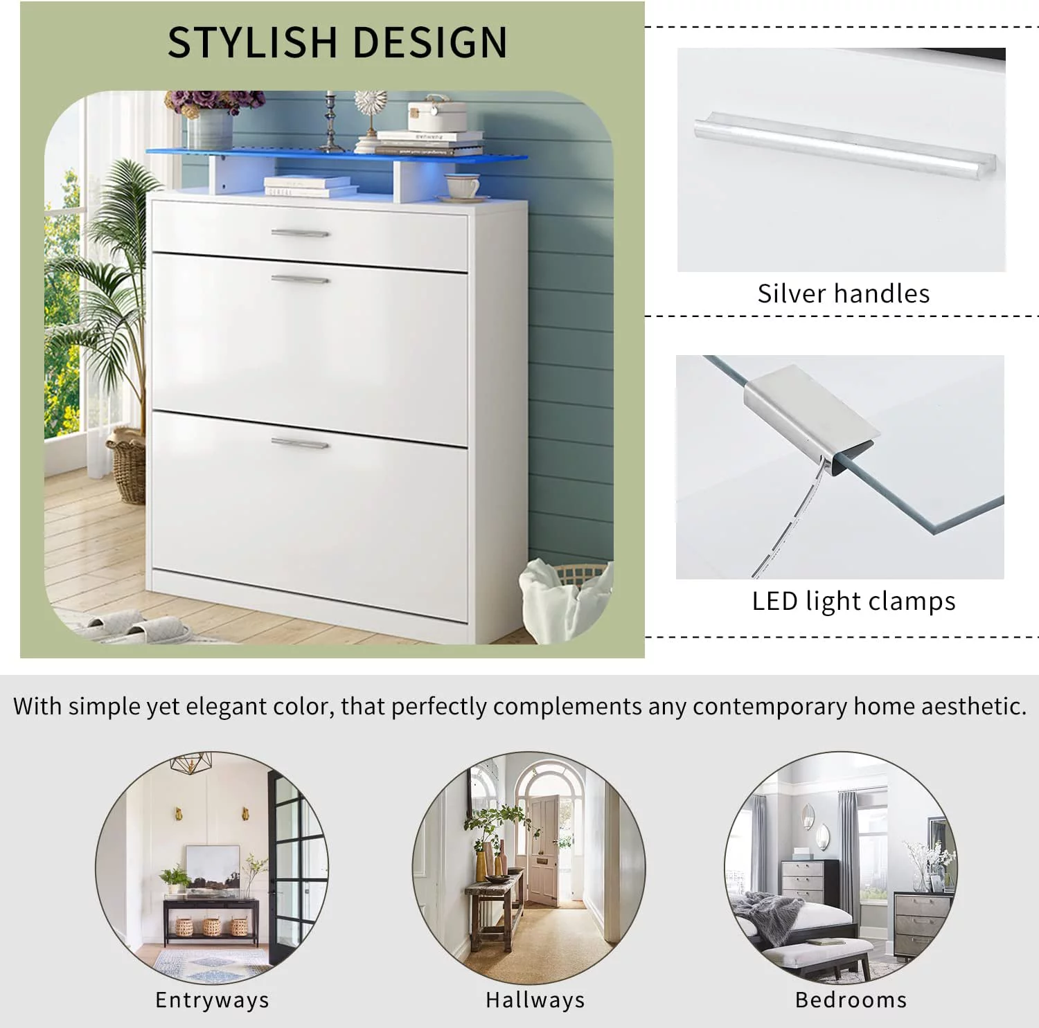 AngLink Slim Entryway Shoe Cabinet with 2 Flip Drawers, Modern Tempered Glass Top Shoe Storage Organizer with Drawer and Open Shelves