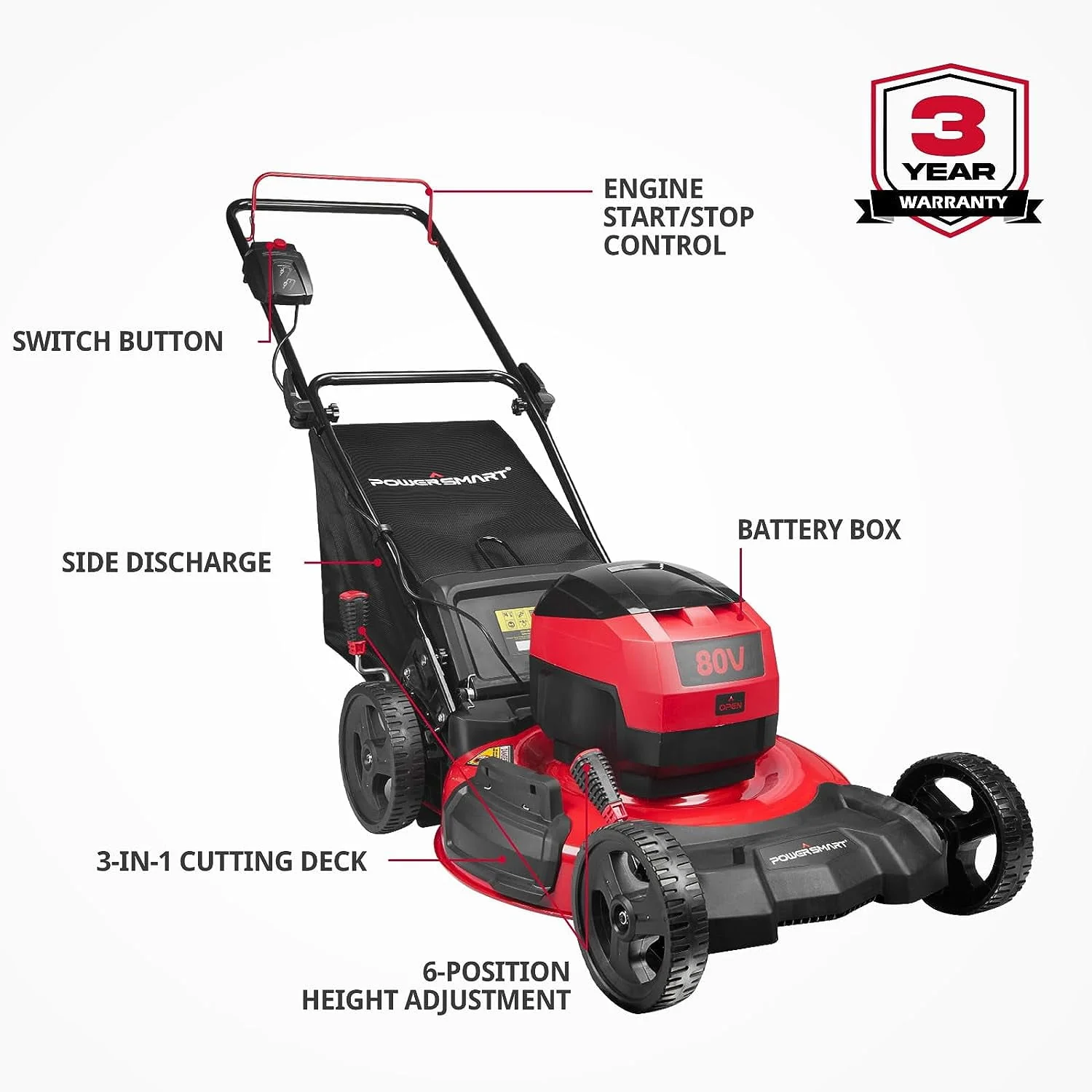 PowerSmart 80V MAX 21 Cordless Lawn Mower, 3-in-1 Brushless Electric Lawn Mower with 6.0Ah Lithium-Ion Battery & Charger (DB2821)
