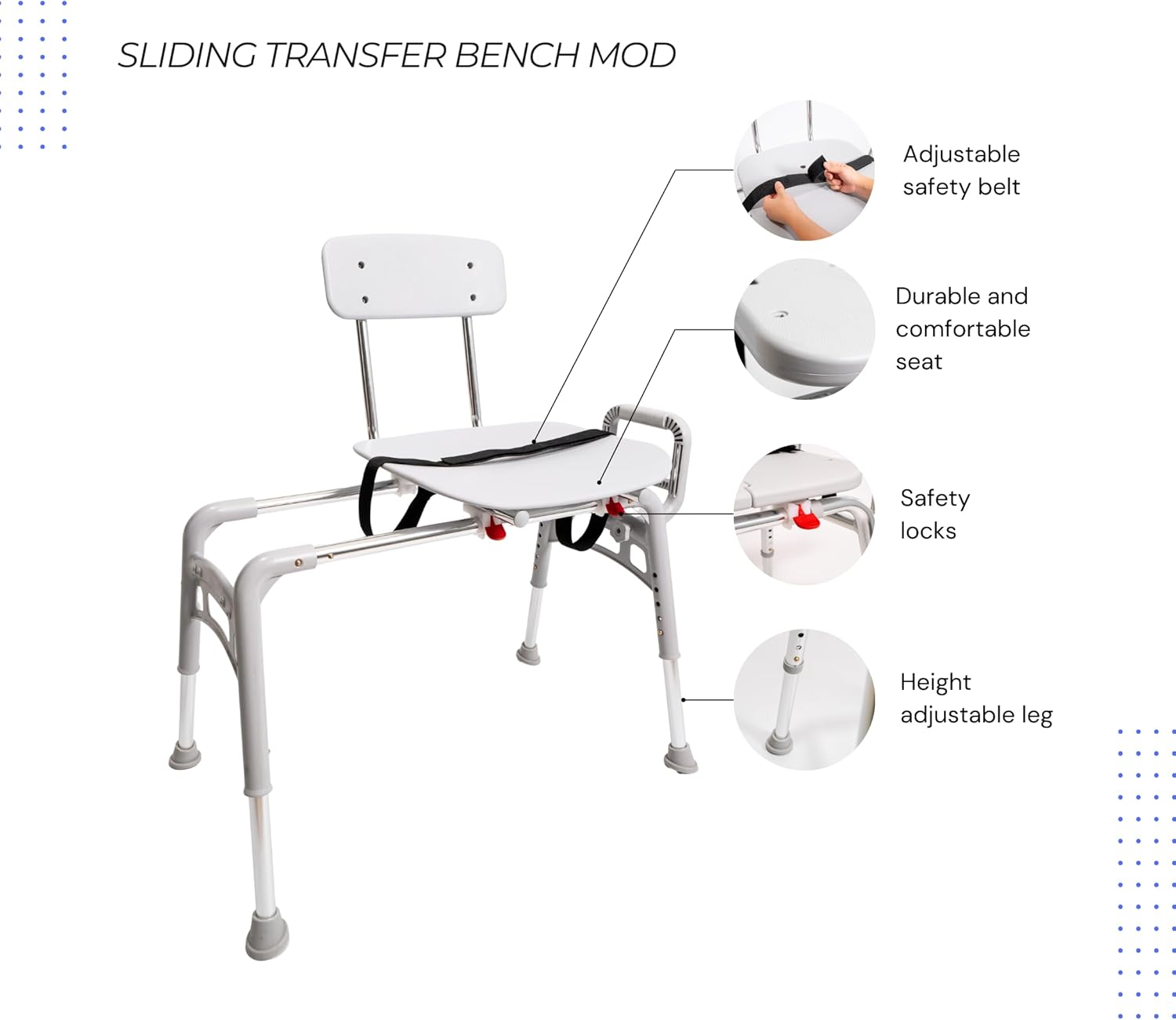 Eagle Health Supplies Sliding Transfer Bench & Tub Shower Chair MOD w/Interchangeable Arm Rest, Height Adjustable, High Weight Capacity up to 350 LBs