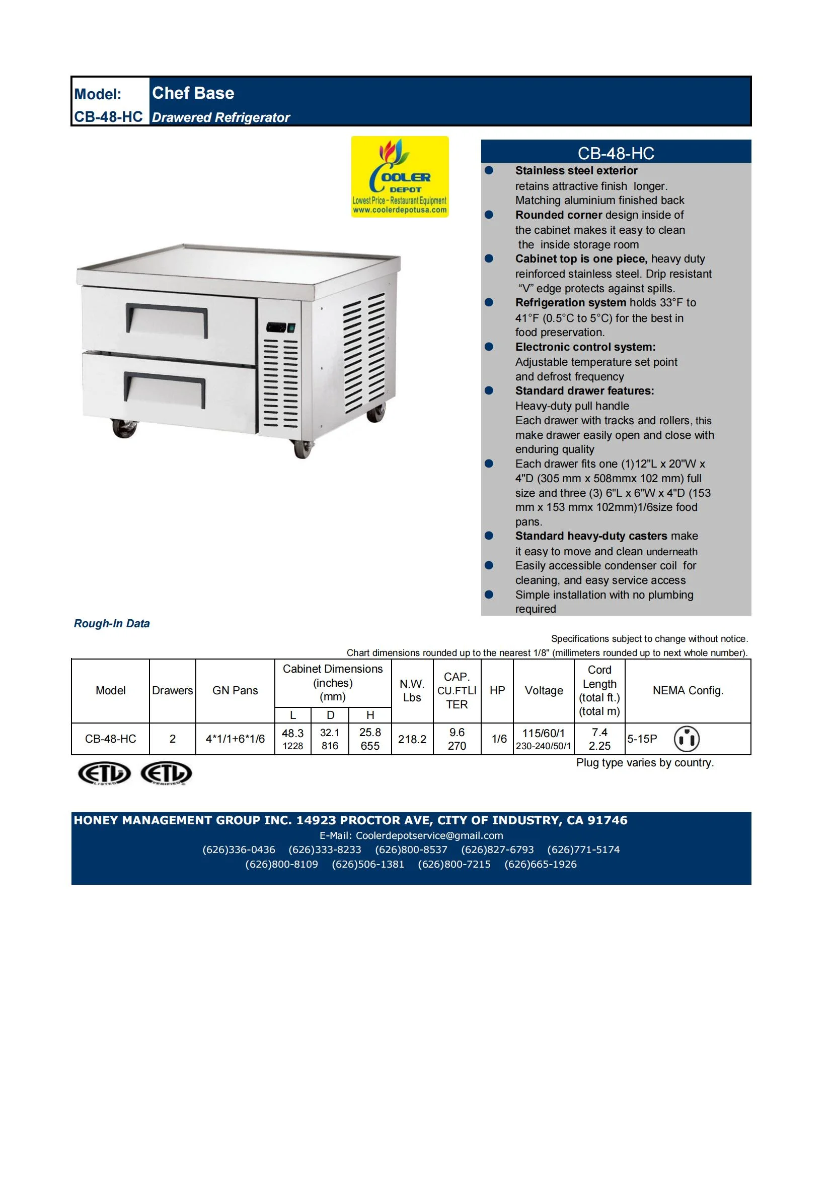 48" Commercial Chef Base 33°-41°F Stainless Steel Refrigerator