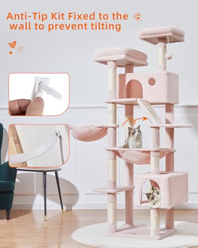 71-Inch Large Cat Tree for Large Cats, Plush Multi-Level Cat Condo with 8 Scratching Posts, 2 Perches, Cave, Hammock, 2 Pompoms