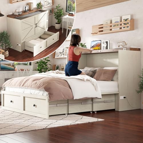 AMERLIFE Queen Murphy Bed with Storage & Charging Station, Farmhouse Murphy Cabinet with Foldable Panel, Noisy Free, for Guest Bedroom, Living Room