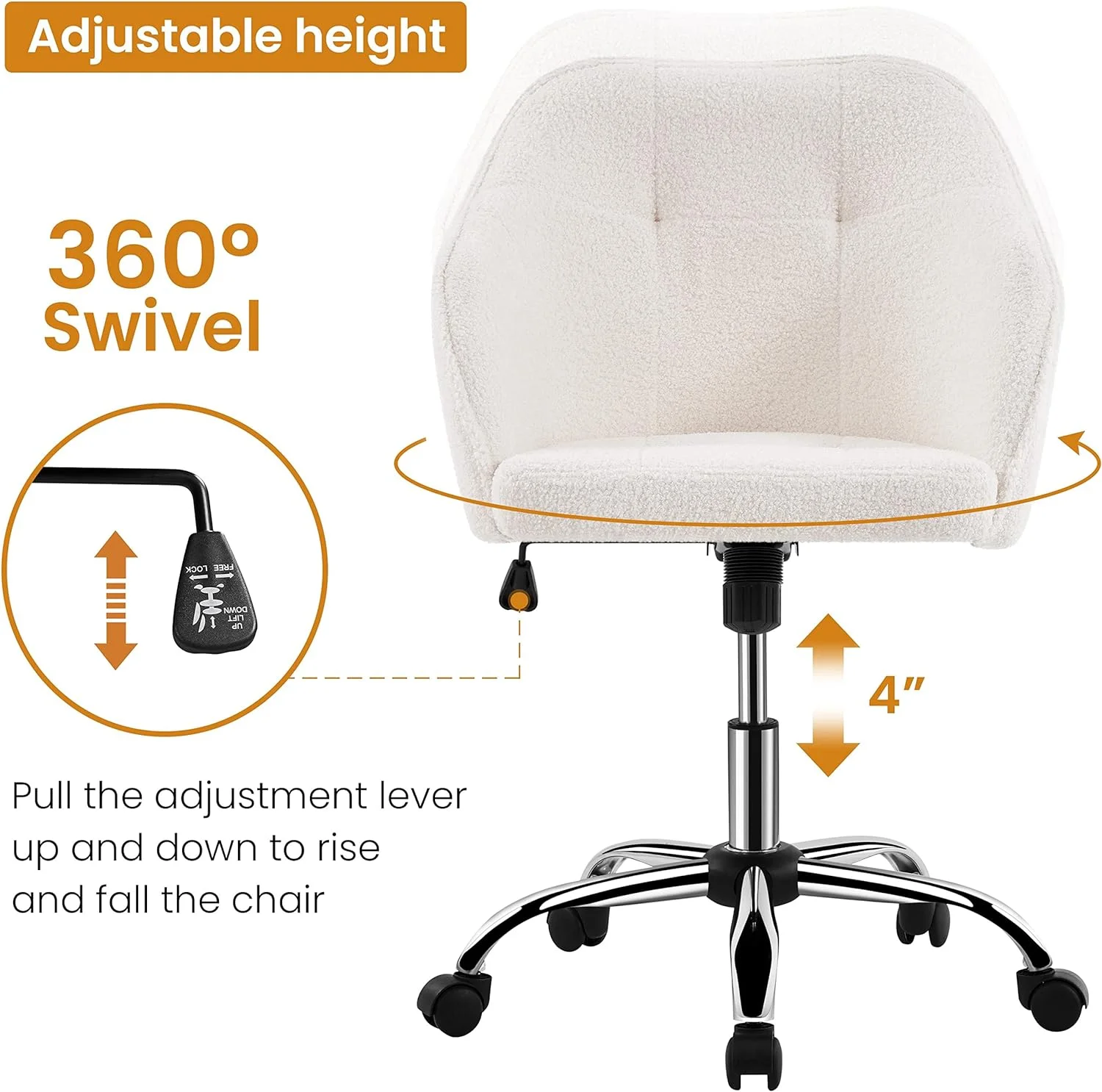 Modern Boucle Desk Chair, Makeup Vanity Chair with Adjustable Tilt Angle
