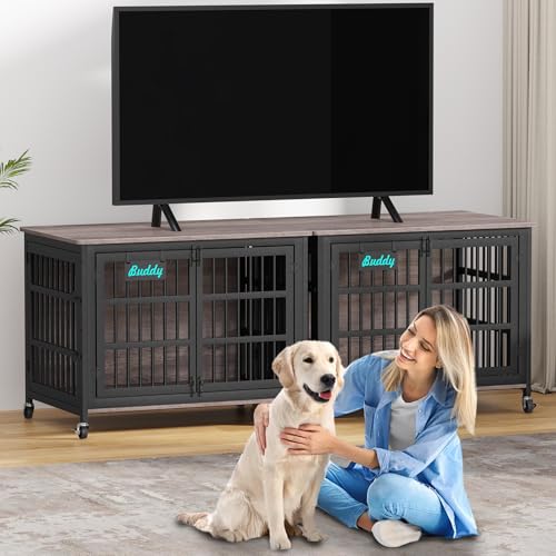 EasyCom 48"/42"/33" Dog Crate Furniture with Name Tag, Heavy Duty Dog Kennel Indoor for Large Dogs