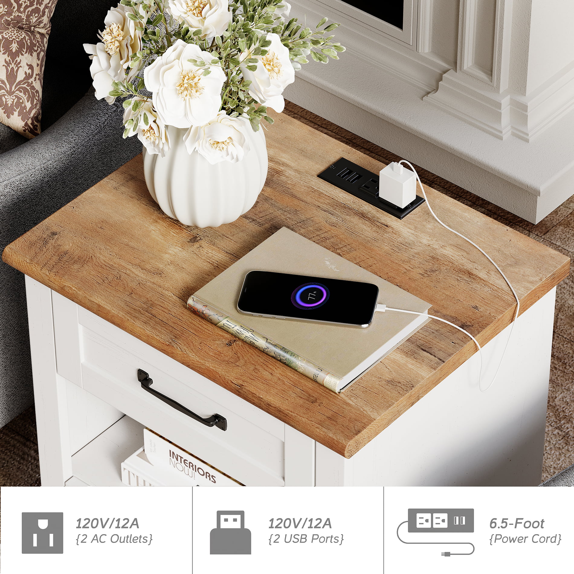 Nightstand Set of 2 with Charging Station Farmhouse Wooden End Table Sofa Side Table with 2 drawers for Bedroom Living Room, White