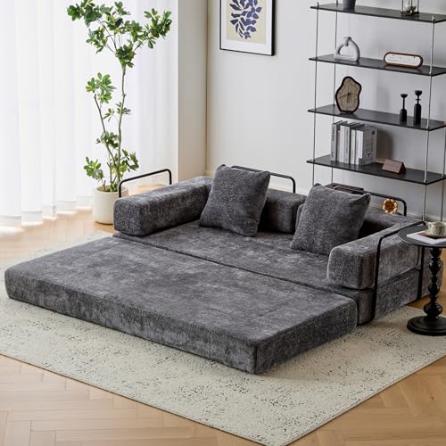 Convertible Sleeper Sofa Bed with Cylindrical Pillow, Corduroy Folding Mattress Couch with Fixed-Shape Frame