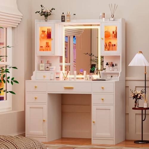 White Makeup Vanity Desk with Mirror and Lights, Large Vanity Table Set with Charging Station, Dressing Table with RGB Cabinets