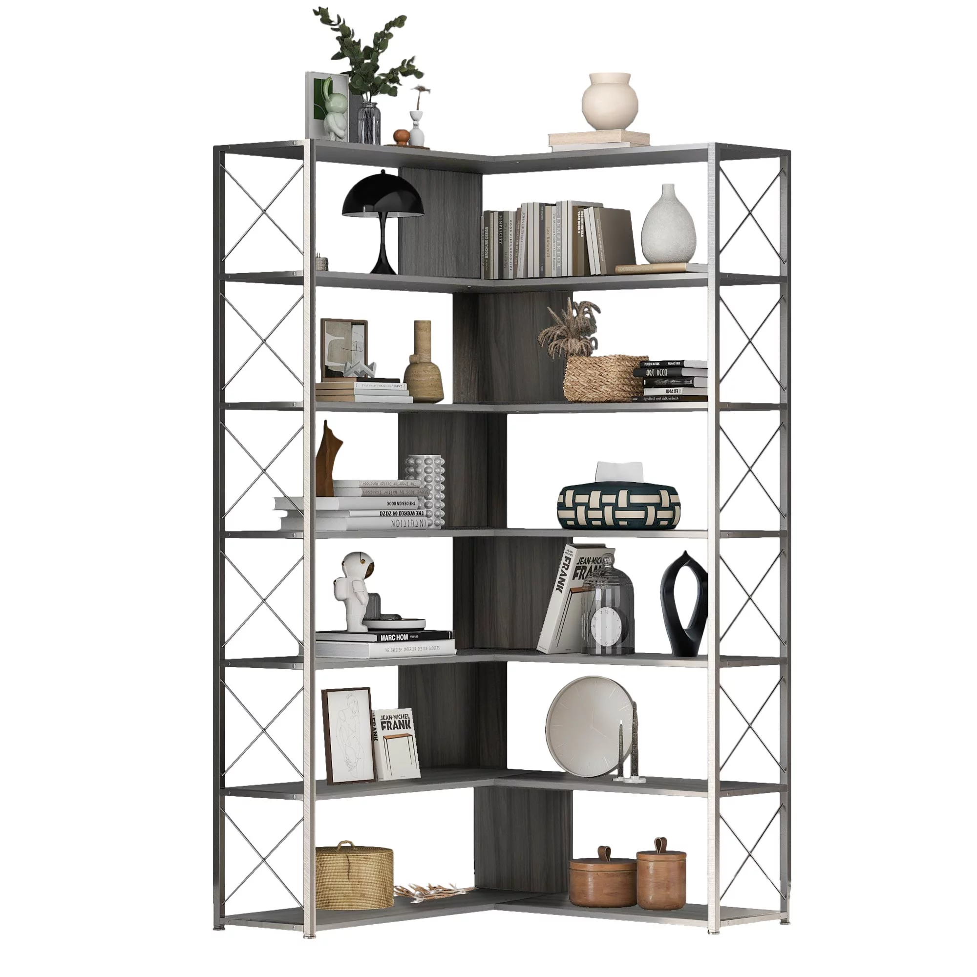 Industrial 7 Tier L-Shaped Corner Bookshelf, Large Home Office Bookcase with Metal Frame, Tall Storage Shelf Display Rack