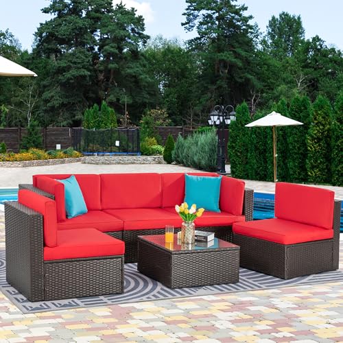 Vongrasig 6 Pieces Outdoor Patio Furniture Set, PE Wicker Rattan Sectional Sofa Patio Conversation Sets with Coffee Table for Garden, Backyard