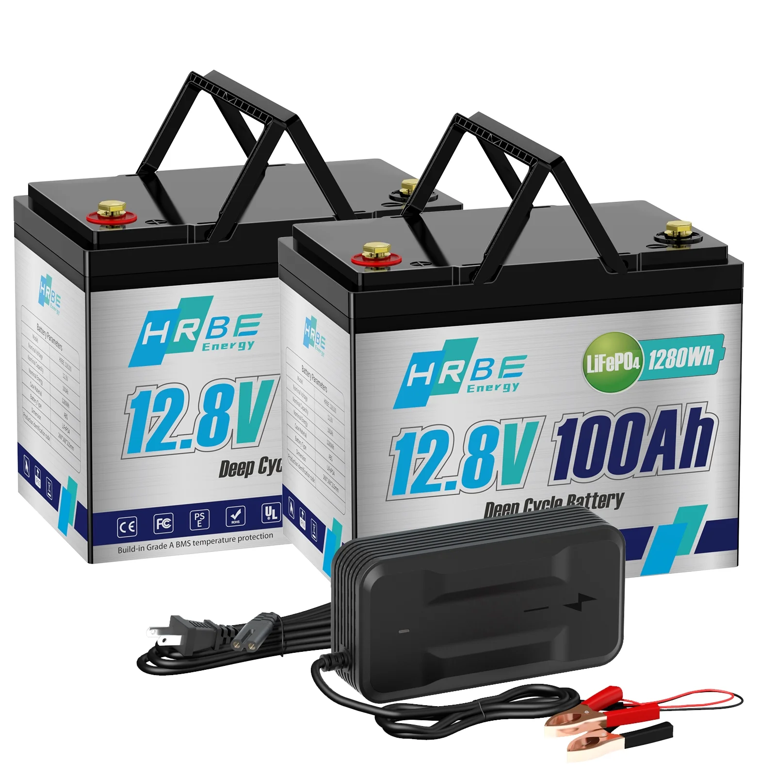 2 Pack LiFePO4 Battery 12V 100Ah with Charger, 8000+ Deep Cycle 100A BMS HRBEENERGY Lithium RV Batteries for Solar Backup Power