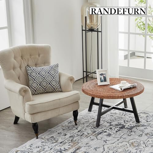 RANDEFURN Coffee Table Round, Seagrass Coffee Tables,Pine Wood X Base Frame Cocktail Table, Easy Assembled, Multiple Sizes for Living Room