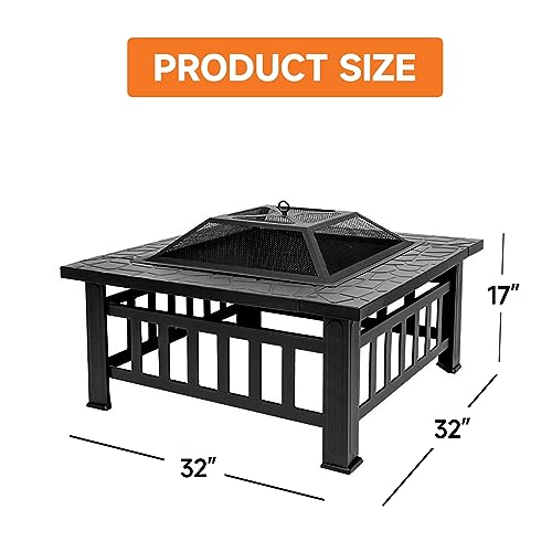 30" Fire Pit Table with Marble Tile Top, Fire Pit with Spark Screen Lid, Fire Grate, Waterproof Cover, and Fire Poker for Outside Patio, Yard Party