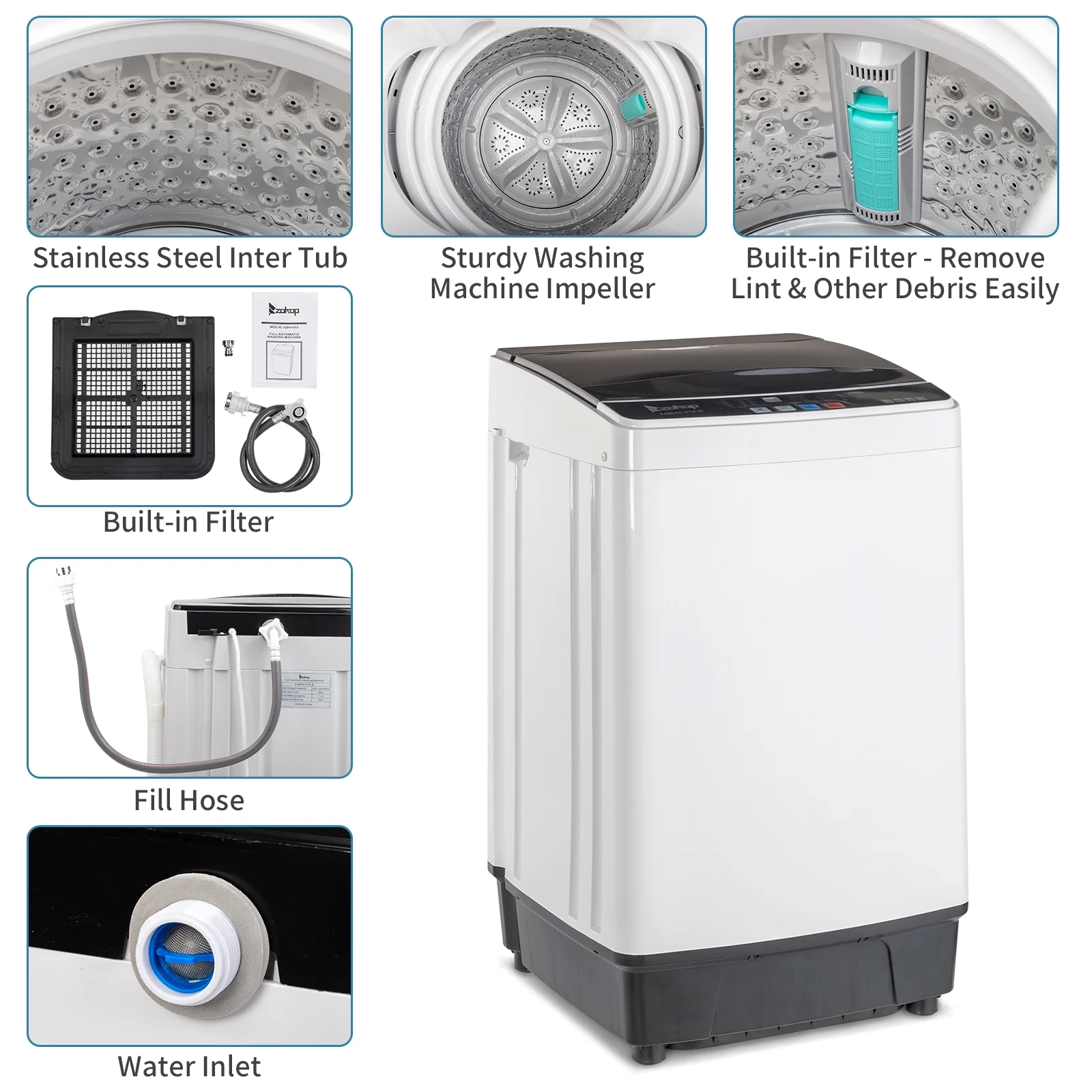 Full-Automatic Washing Machine Top Load Portable Compact Laundry Washer Spin with Drain Pump
