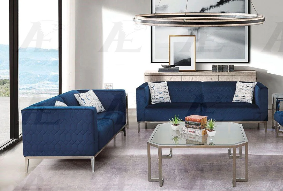 Modern Dark Blue Fabric Sofa & Loveseat Set 2 Pcs American Eagle AE3802